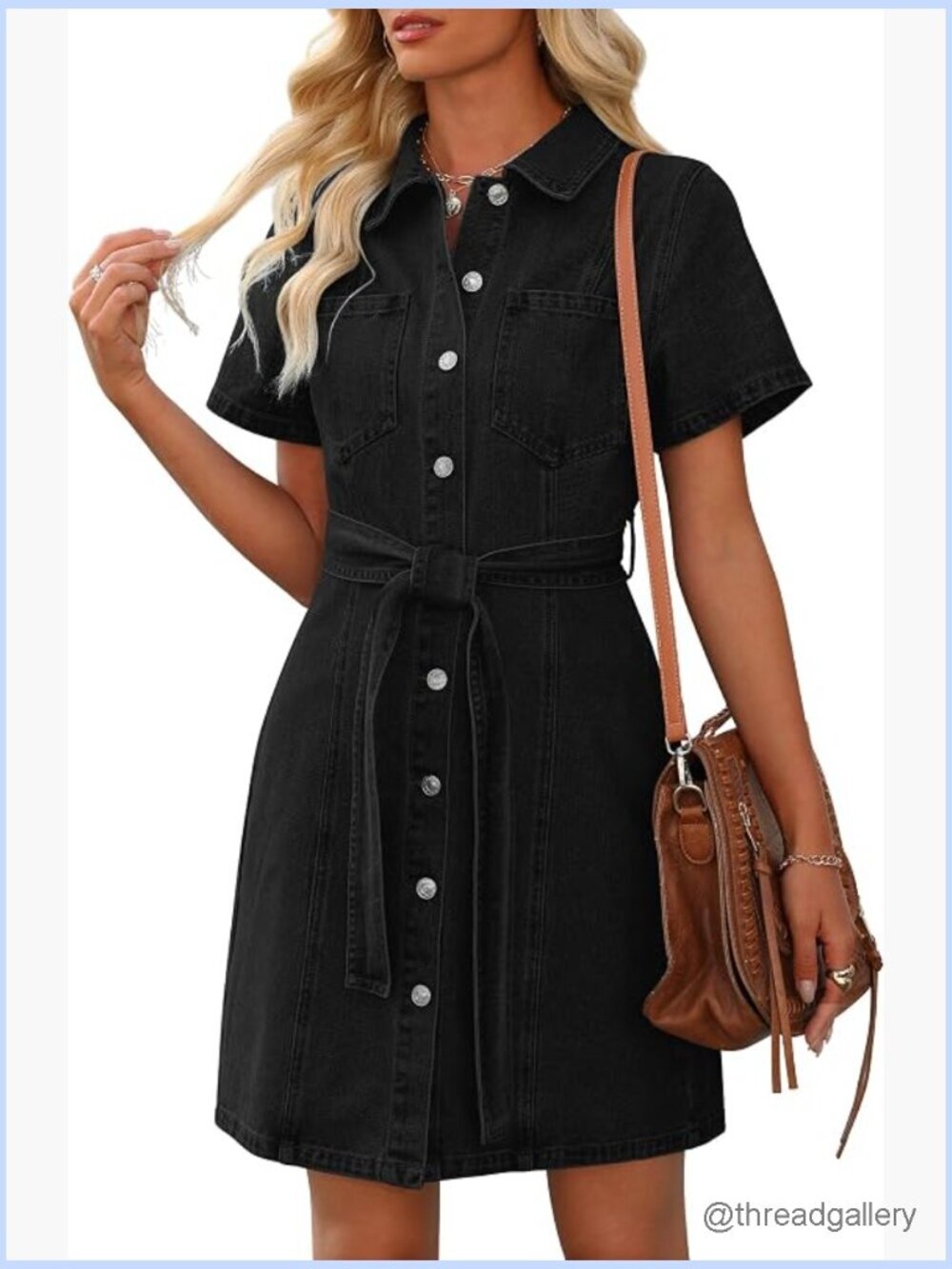 Denim Shirt Dress Short Sleeve Button Down Western Cowgirl Dress with Pocket